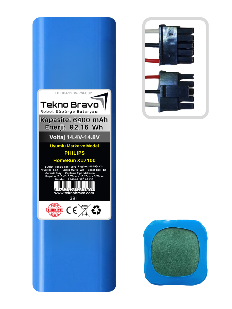 C12-391  Tekno Bravo (Philips HomeRun XU7100 Uyumlu) 6400mAh 92,16Wh Robot Süpürge Yedek Bataryası