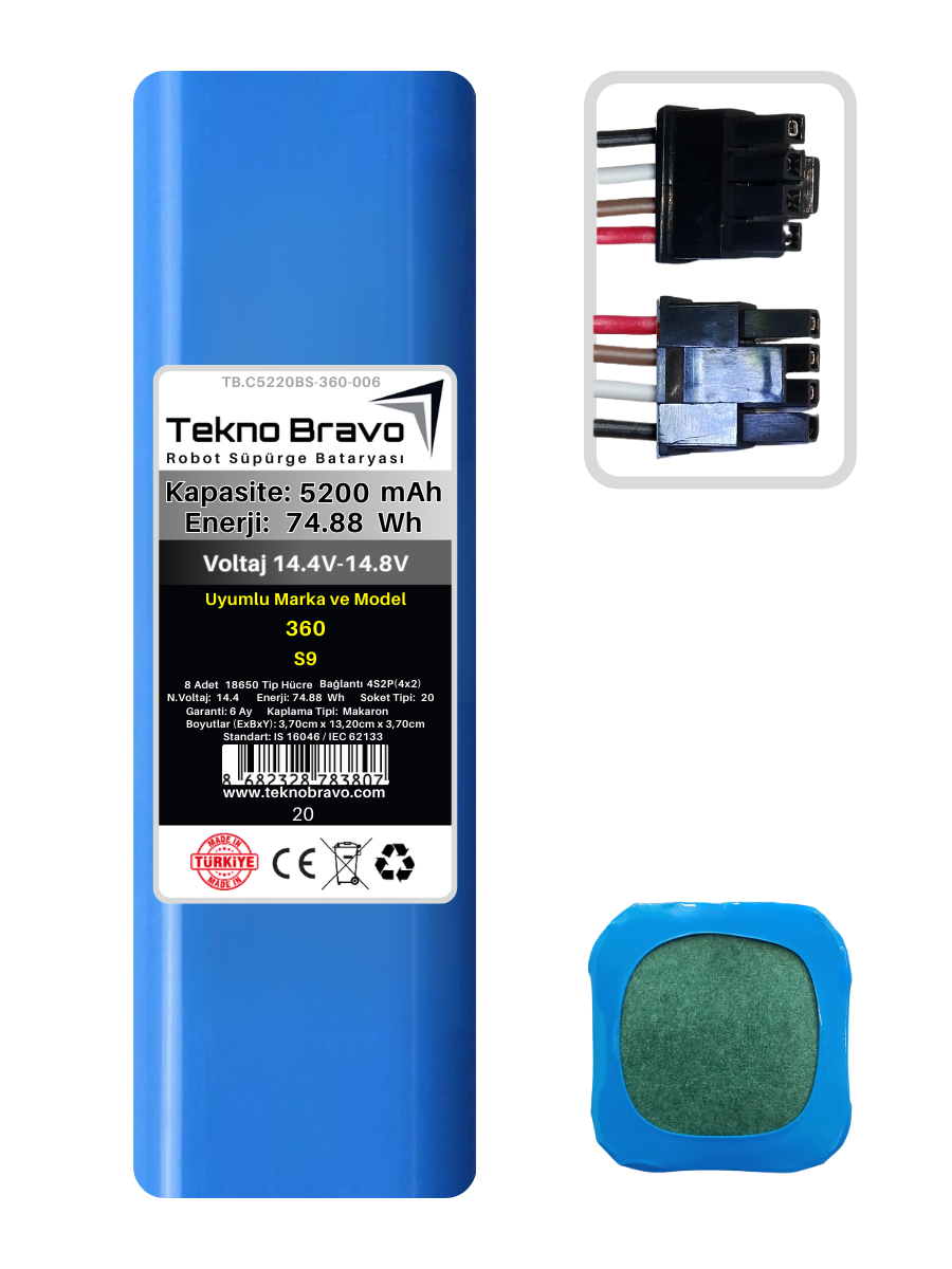 C20-20  Tekno Bravo (360 S9 Uyumlu) 5200mAh 74,88Wh Robot Süpürge Yedek Bataryası