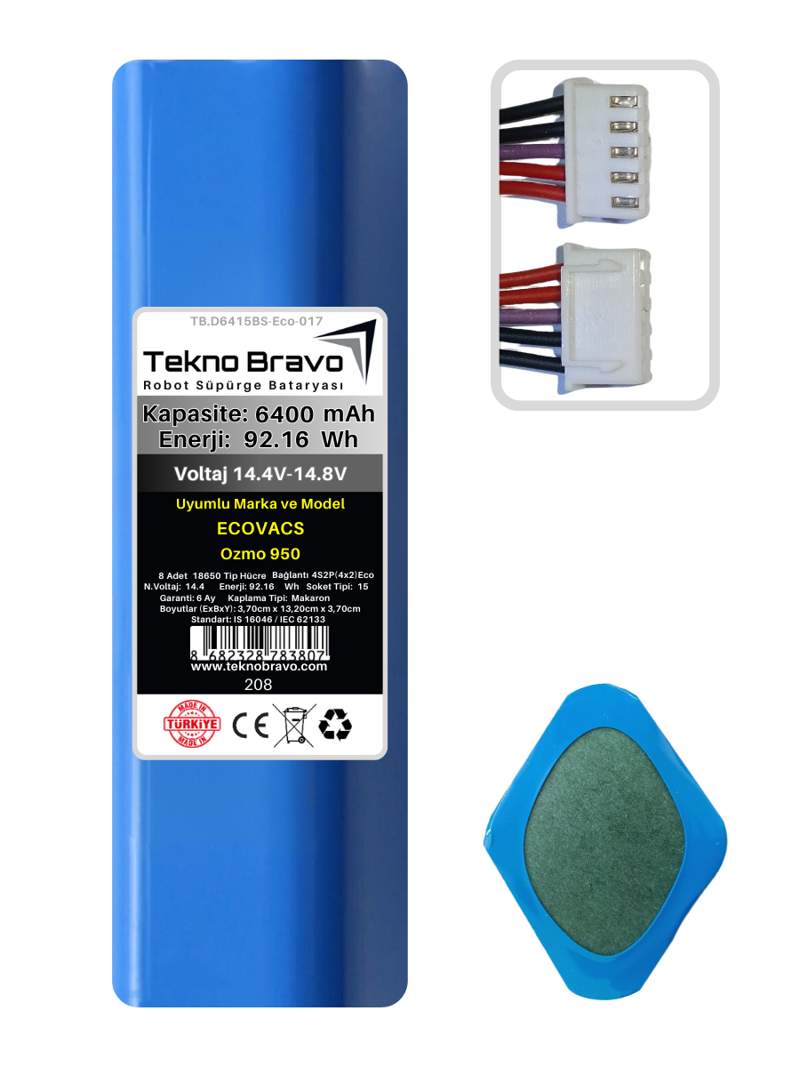 D15-208  Tekno Bravo (Ecovacs Ozmo 950 Uyumlu) 6400mAh 92,16Wh Robot Süpürge Yedek Bataryası
