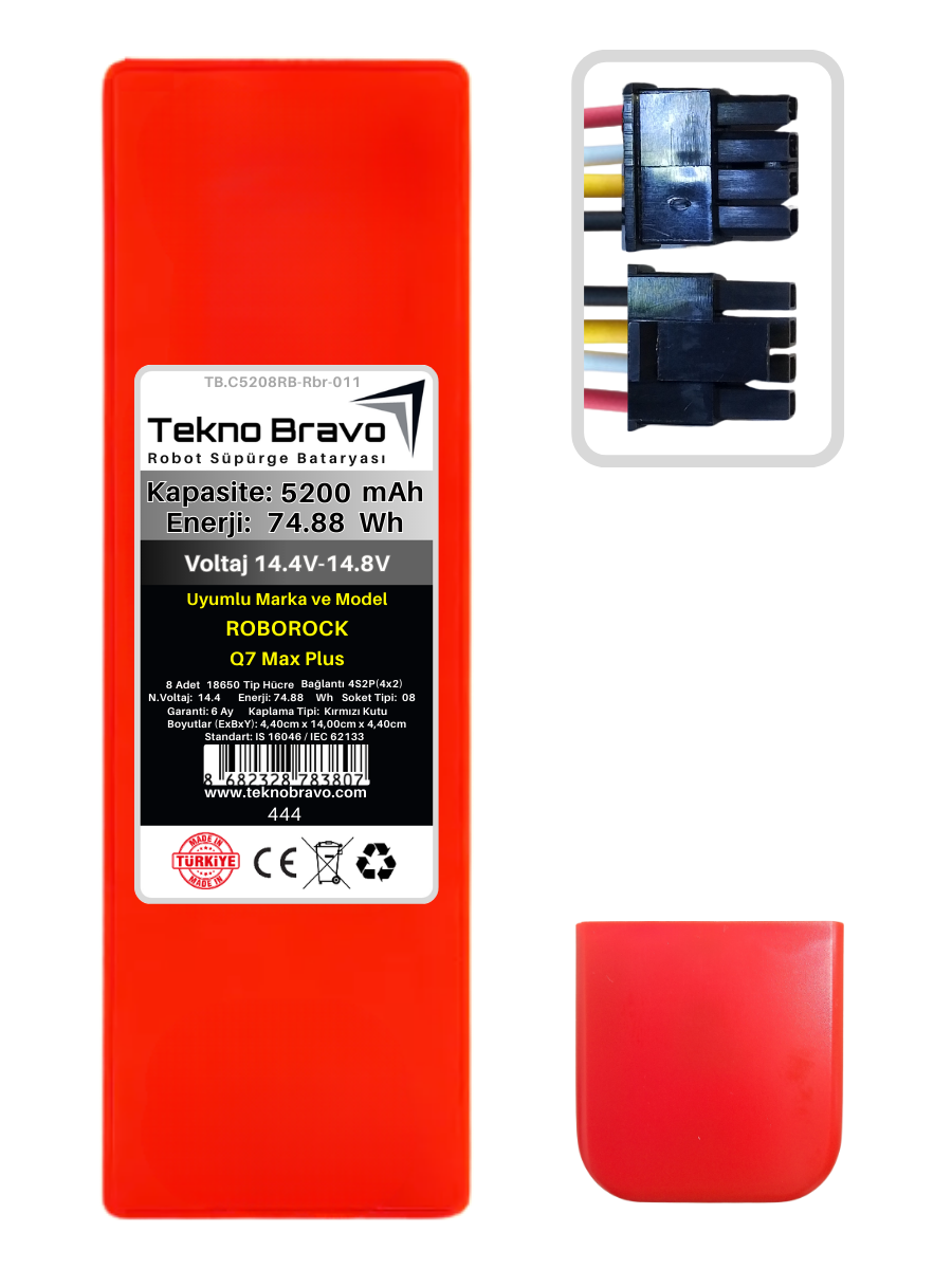 RB08-444  Tekno Bravo (Roborock Q7 Max Plus Uyumlu) 5200mAh 74,88Wh Robot Süpürge Yedek Bataryası
