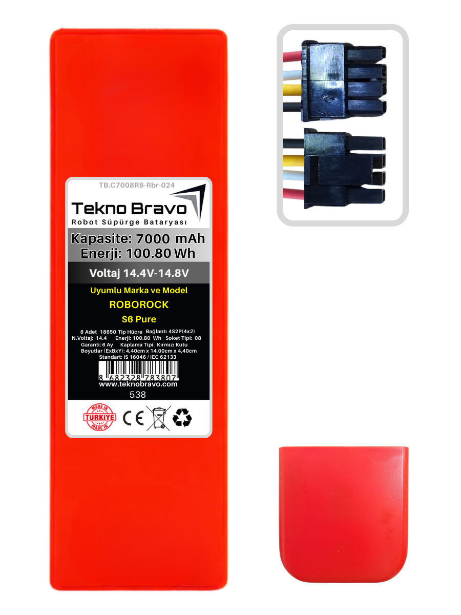 RB08-538  Tekno Bravo (Roborock S6 Pure Uyumlu) 7000mAh 100,8Wh Robot Süpürge Yedek Bataryası