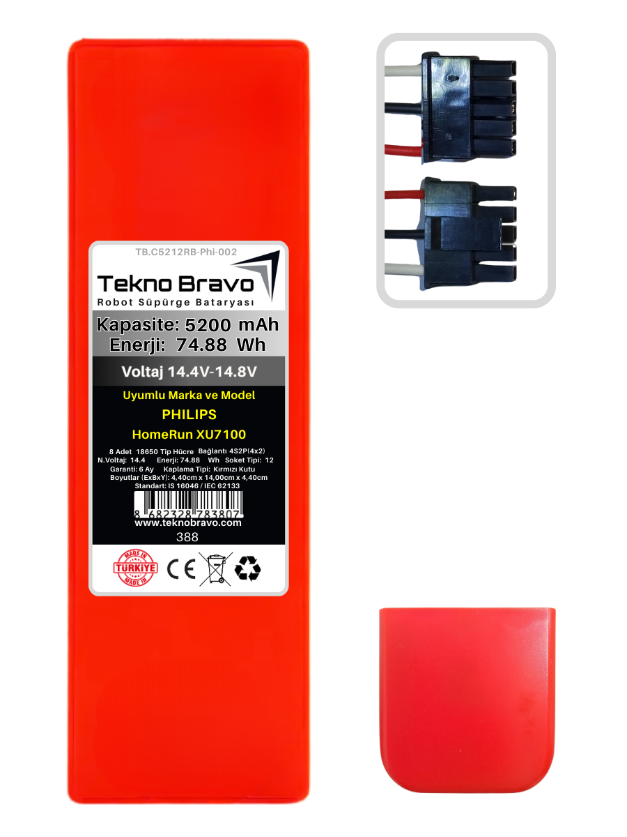 RB12-388  Tekno Bravo (Philips HomeRun XU7100 Uyumlu) 5200mAh 74,88Wh Robot Süpürge Yedek Bataryası