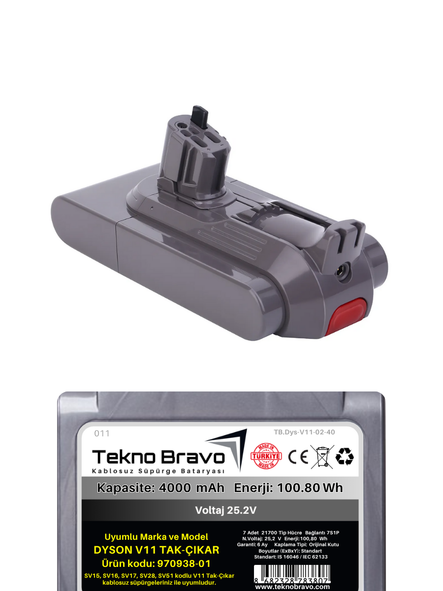Tekno Bravo (Dyson V11 Tak-Çıkar SV15 SV16 SV17 SV28 SV51 Uyumlu) 4000mAh Bataryası Kablosuz Dikey Süpürge Pili TB.Dys-V11-02-40