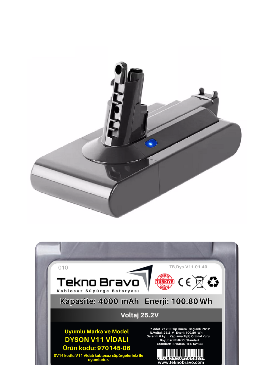 Tekno Bravo (Dyson V11 Vidalı SV14 Uyumlu) 4000mAh Bataryası Kablosuz Dikey Süpürge Pili TB.Dys-V11-01-40