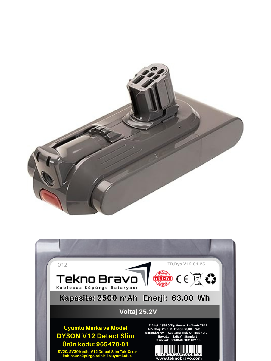 Tekno Bravo (Dyson V12 Tak-Çıkar SV20 SV30 Uyumlu) 2500mAh Bataryası Kablosuz Dikey Süpürge Pili TB.Dys-V12-01-25