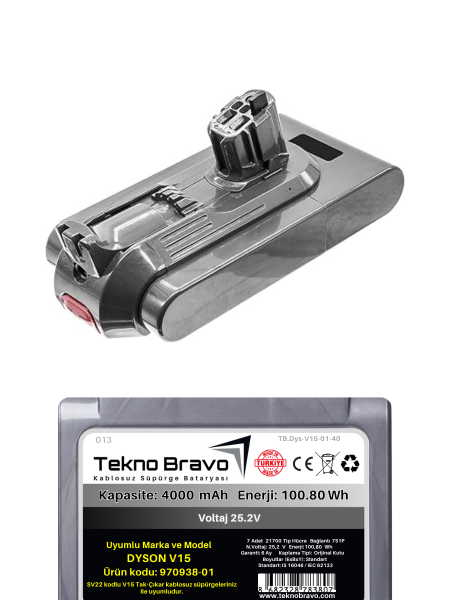 Tekno Bravo (Dyson V15 Tak-Çıkar SV22 Uyumlu) 4000mAh Bataryası Kablosuz Dikey Süpürge Pili TB.Dys-V15-01-40