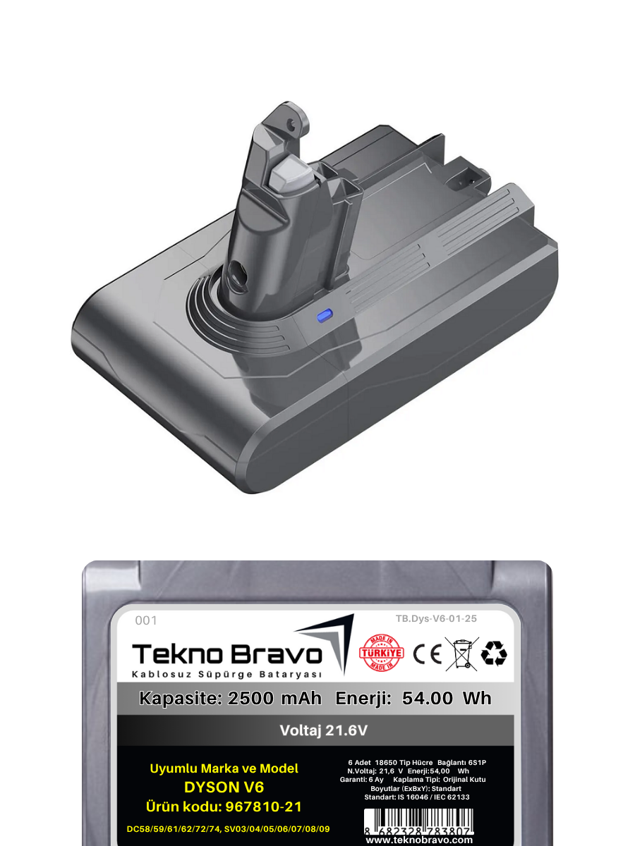 Tekno Bravo (Dyson V6 DC58, DC59, DC61, DC62, DC72, DC74, SV03, SV04, SV05, SV06, SV07, SV08, SV09 Uyumlu) 2500mAh Bataryası Kablosuz Dikey Süpürge Pili TB.Dys-V6-01-25