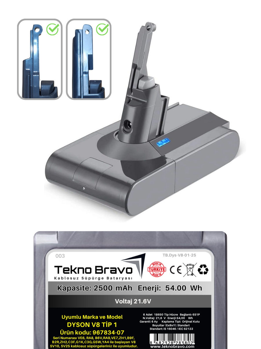 Tekno Bravo (Dyson V8 Tip1 SV10 SV25 Uyumlu) 2500mAh Bataryası Kablosuz Dikey Süpürge Pili TB.Dys-V8-01-25