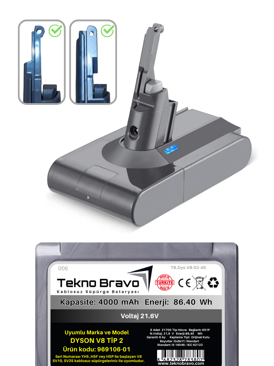 Tekno Bravo (Dyson V8 Tip2 SV10 SV25 Uyumlu) 4000mAh Bataryası Kablosuz Dikey Süpürge Pili TB.Dys-V8-02-40