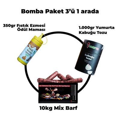 Bomba Paketi 10 kq Mix Barf İt Yeməyi, 350 q Fıstıq Yağı Mükafat Yeməyi, 1000 q Yumurta Qabığı Tozundan İbarətdir./ 3 Dec. birində