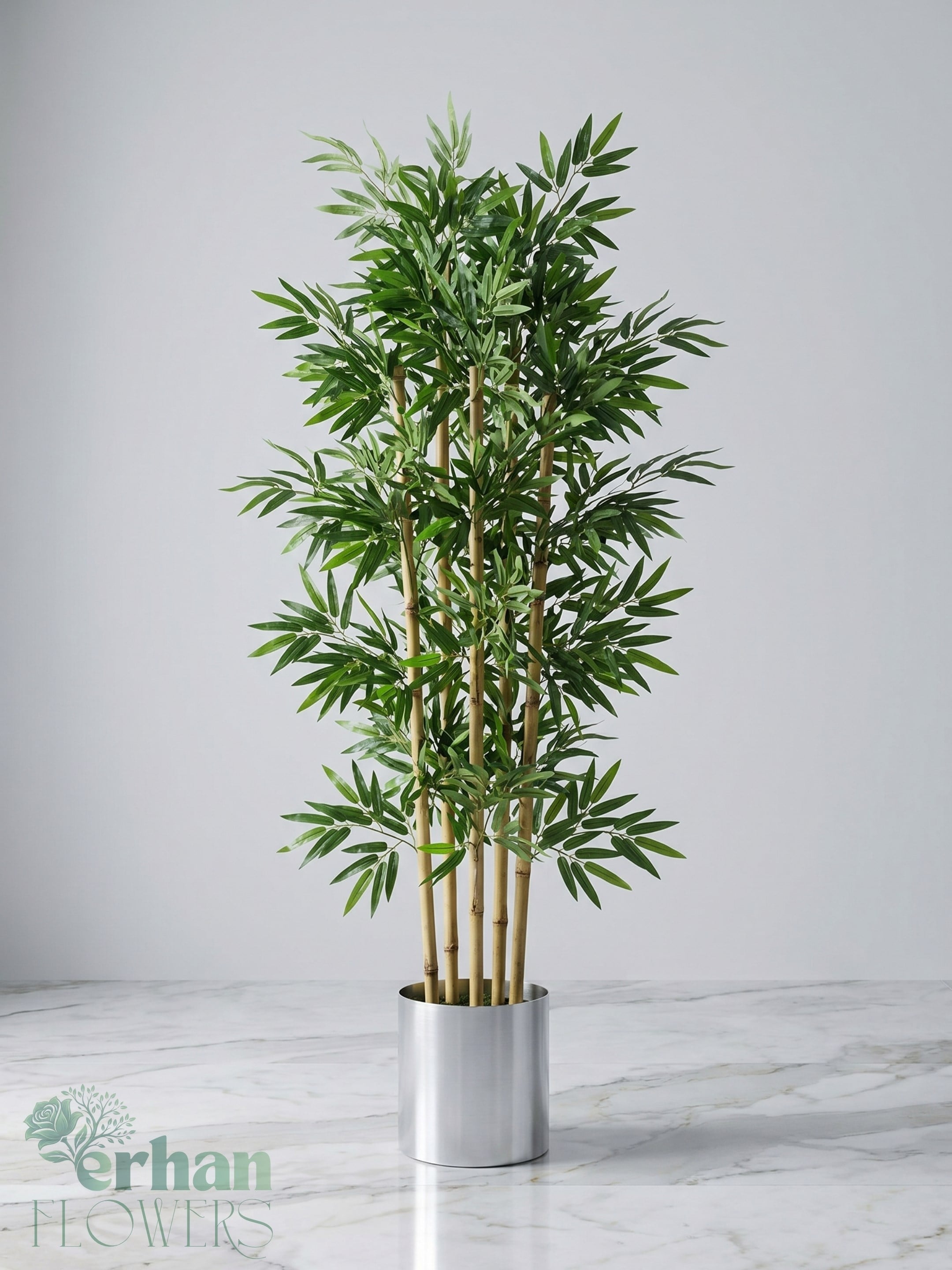 Saksılı Yapay Bambu Modelleri | Dekoratif Bambu SaksılıIslak Dokulu ve Dolgun Yapraklı Bambu 5 Adet- Metal Saksı