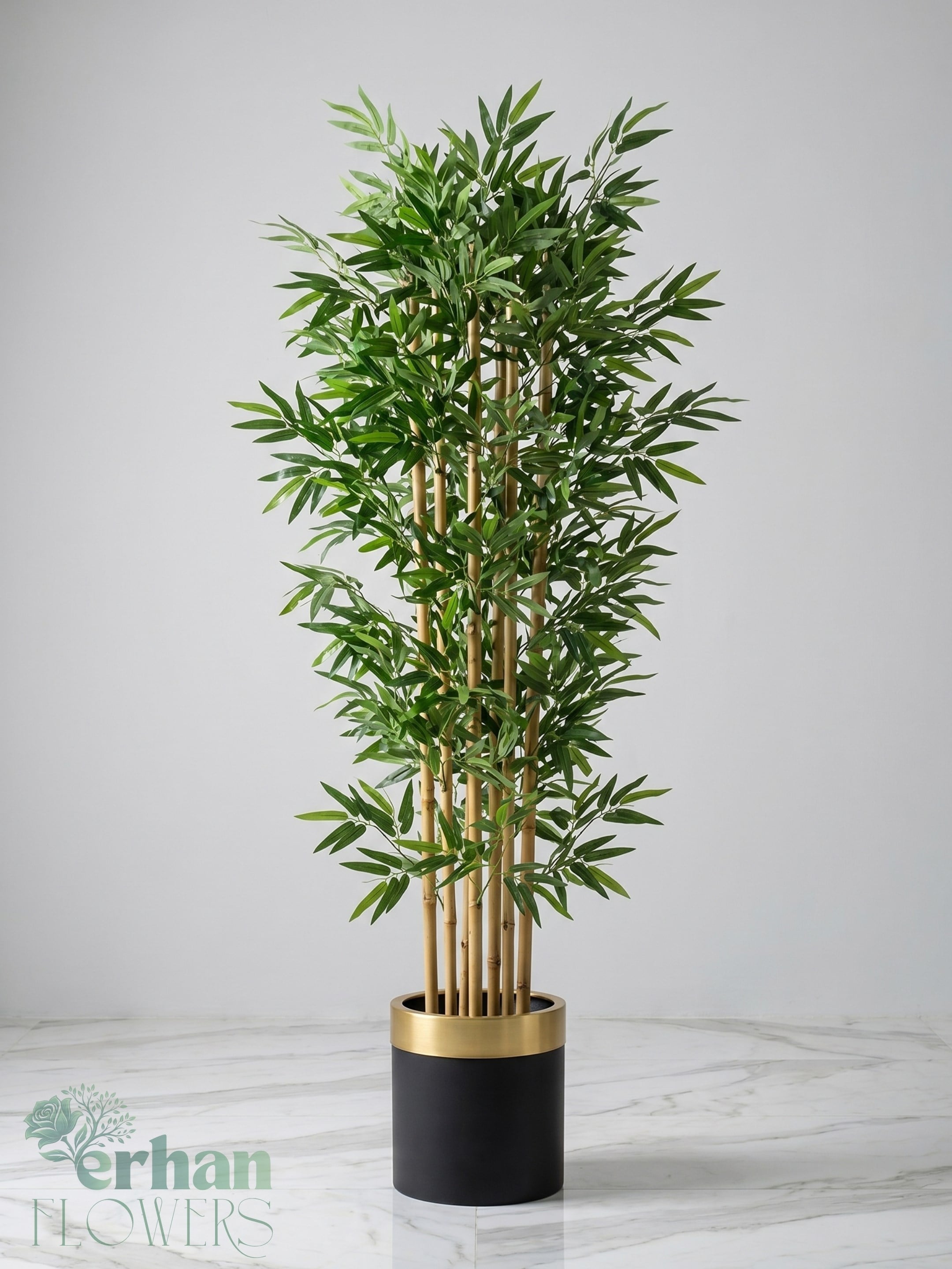 Saksılı Yapay Bambu Modelleri | Dekoratif Bambu SaksılıIslak Dokulu ve Dolgun Yapraklı Bambu -Siyah Gold Metal Saksı