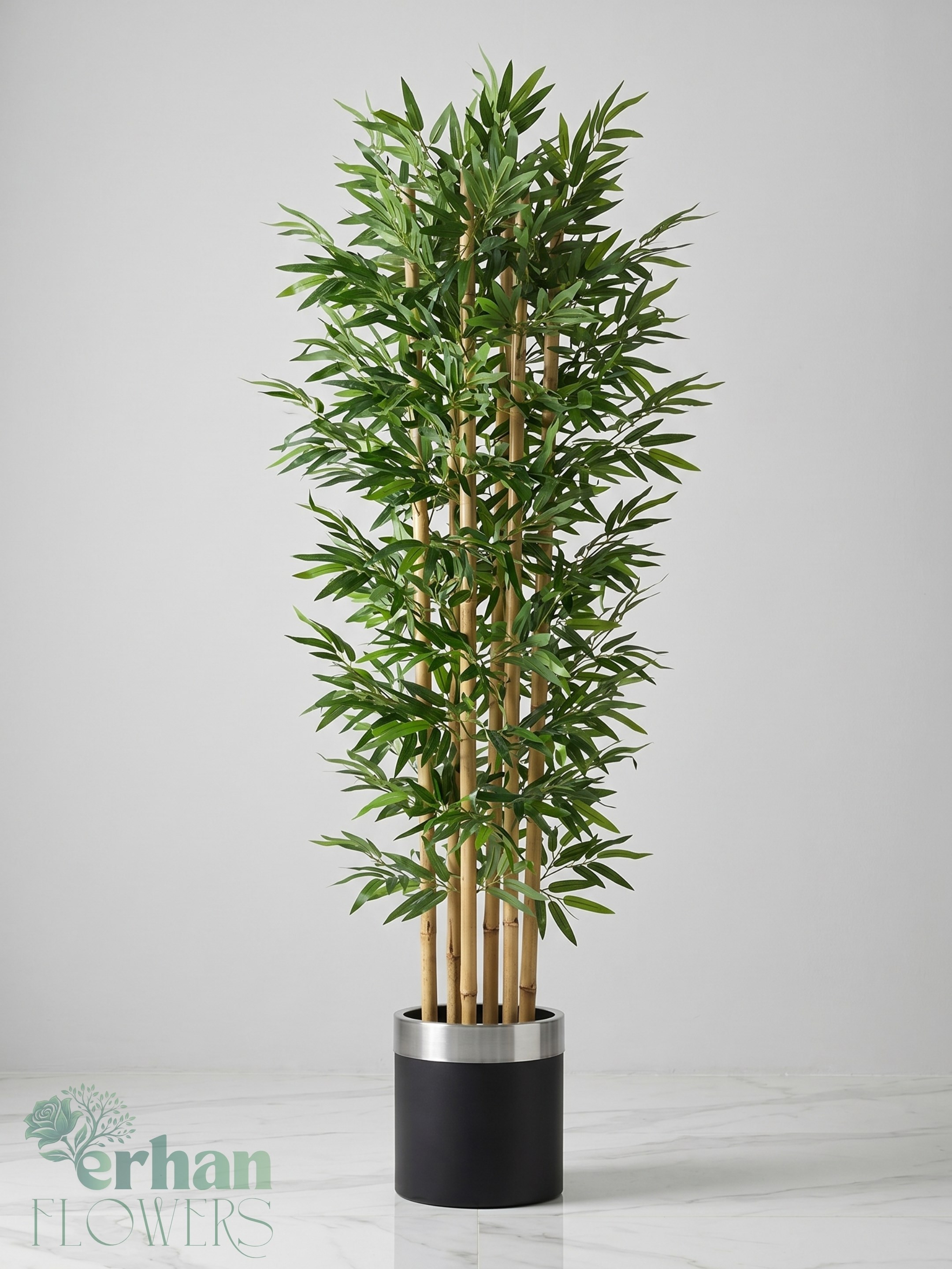 Saksılı Yapay Bambu Modelleri | Dekoratif Bambu SaksılıIslak Dokulu ve Dolgun Yapraklı Bambu -Siyah Gümüş Metal Saksı