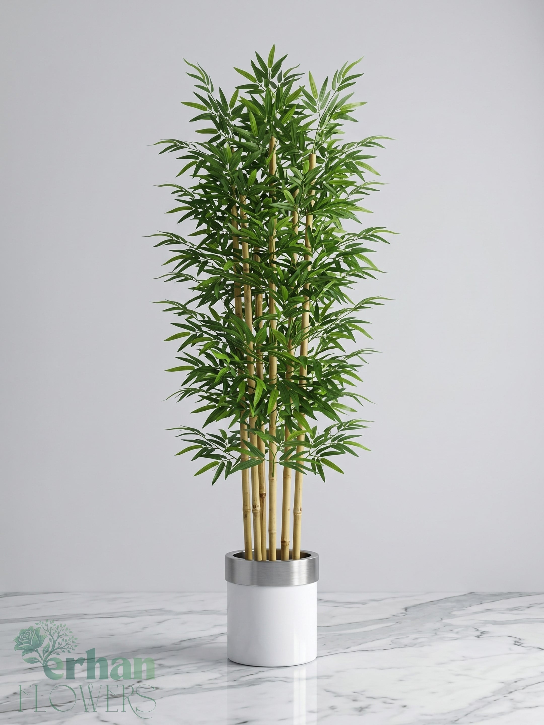 Saksılı Yapay Bambu Modelleri | Dekoratif Bambu SaksılıIslak Dokulu ve Dolgun Yapraklı Bambu -Beyaz Gümüş Metal Saksı