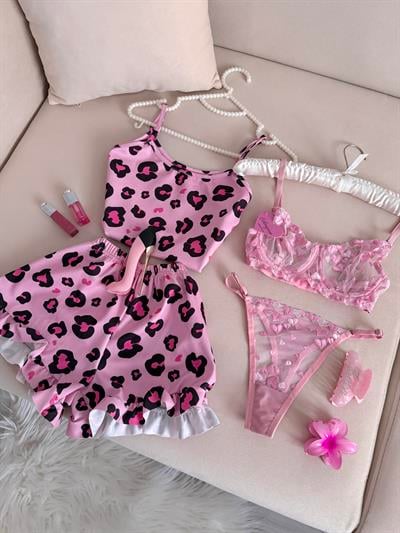 Pembe Leopar Desenli Set 