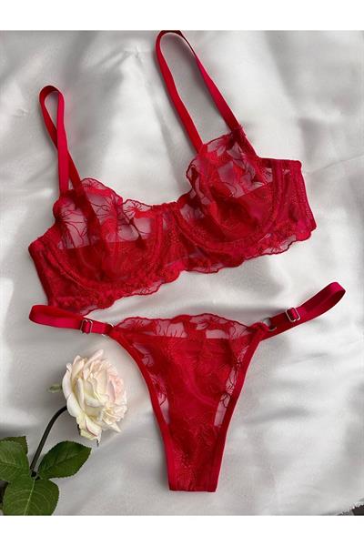 Sevgililer Günü Özel Çiçek Detaylı Kırmızı Brode Bralet Takımı