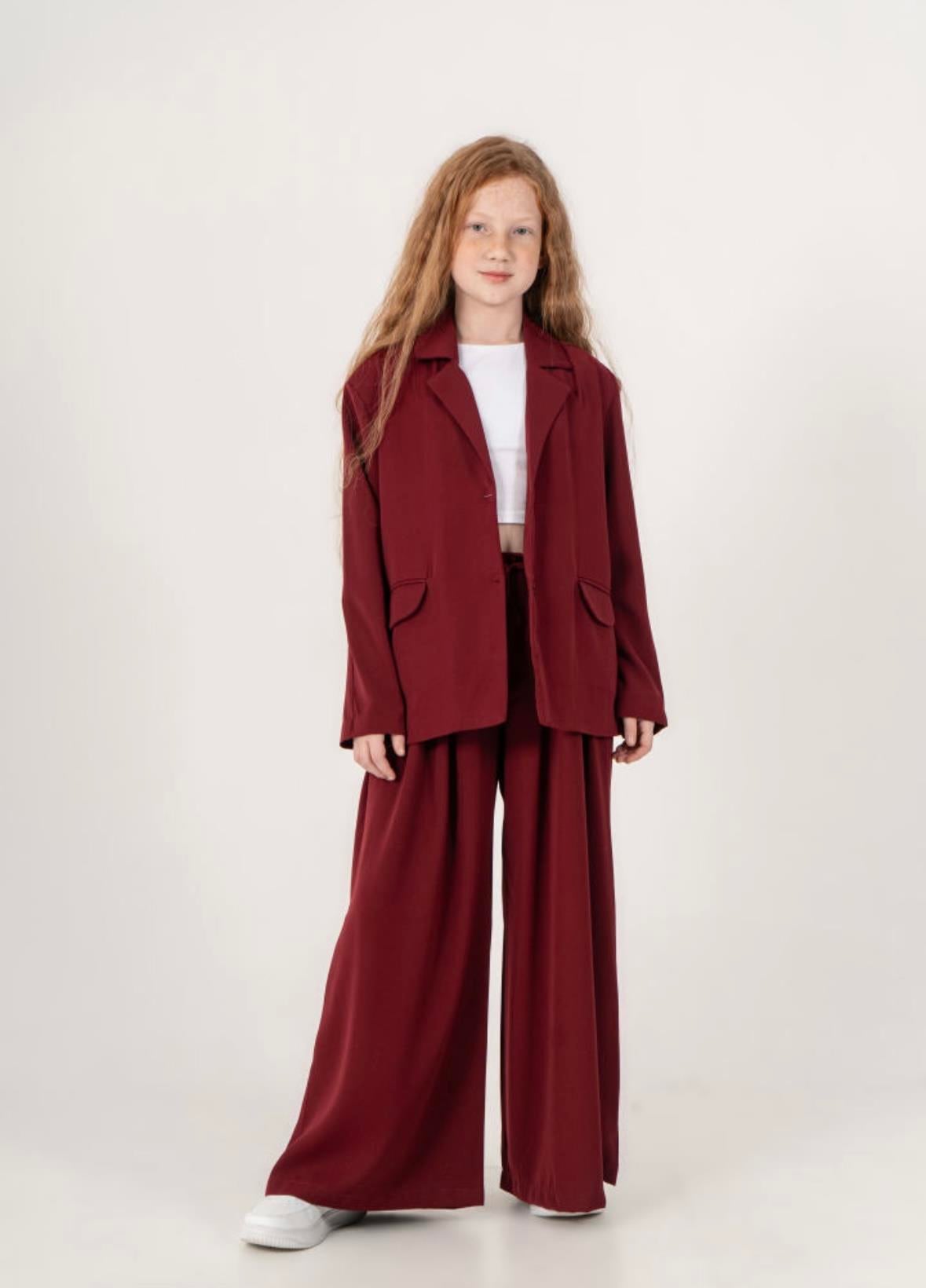 Cemix Kız 4-14 Yaş Twil Ceket Pant Takım 1559 Bordo
