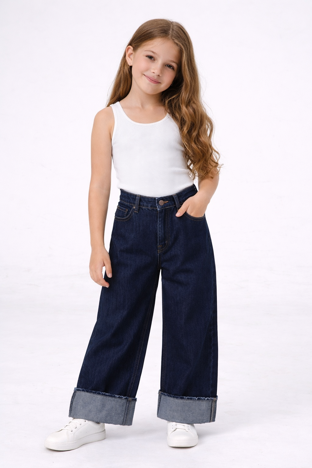 Cemix Kız 4-9 Yaş 2231 -2  Kıvrık Paça Kot Pantolon Lacivert