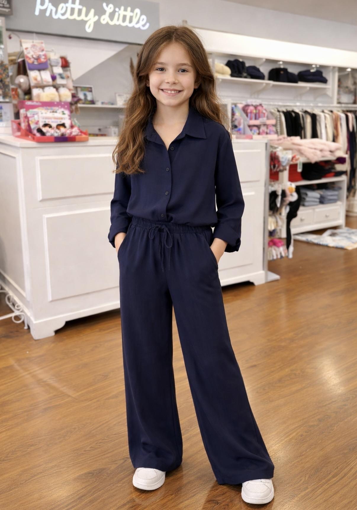 Cemix Kız 4-9 Yaş Tencel Gömlek Pant Takım 3173 Lacivert