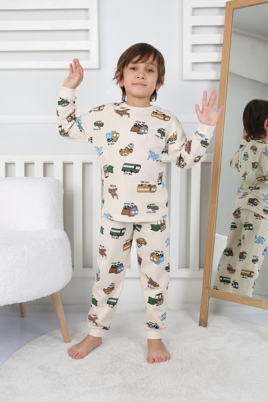 Erkek Çocuk 3-8 Yaş Arabalı Pijama Takımı Bej 32231 