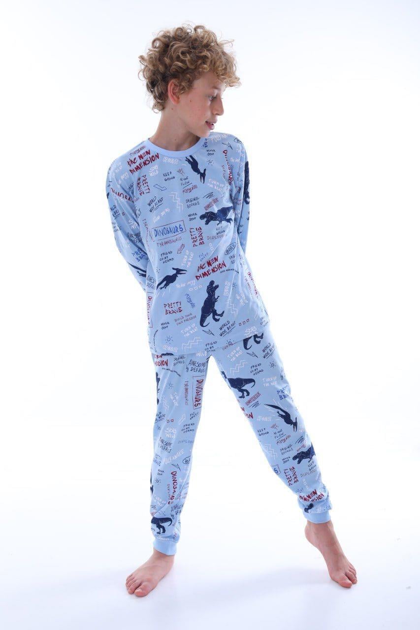 Erkek Çocuk 8-13 Yaş Dinazorlu Pijama Takımı Mavi 36205 
