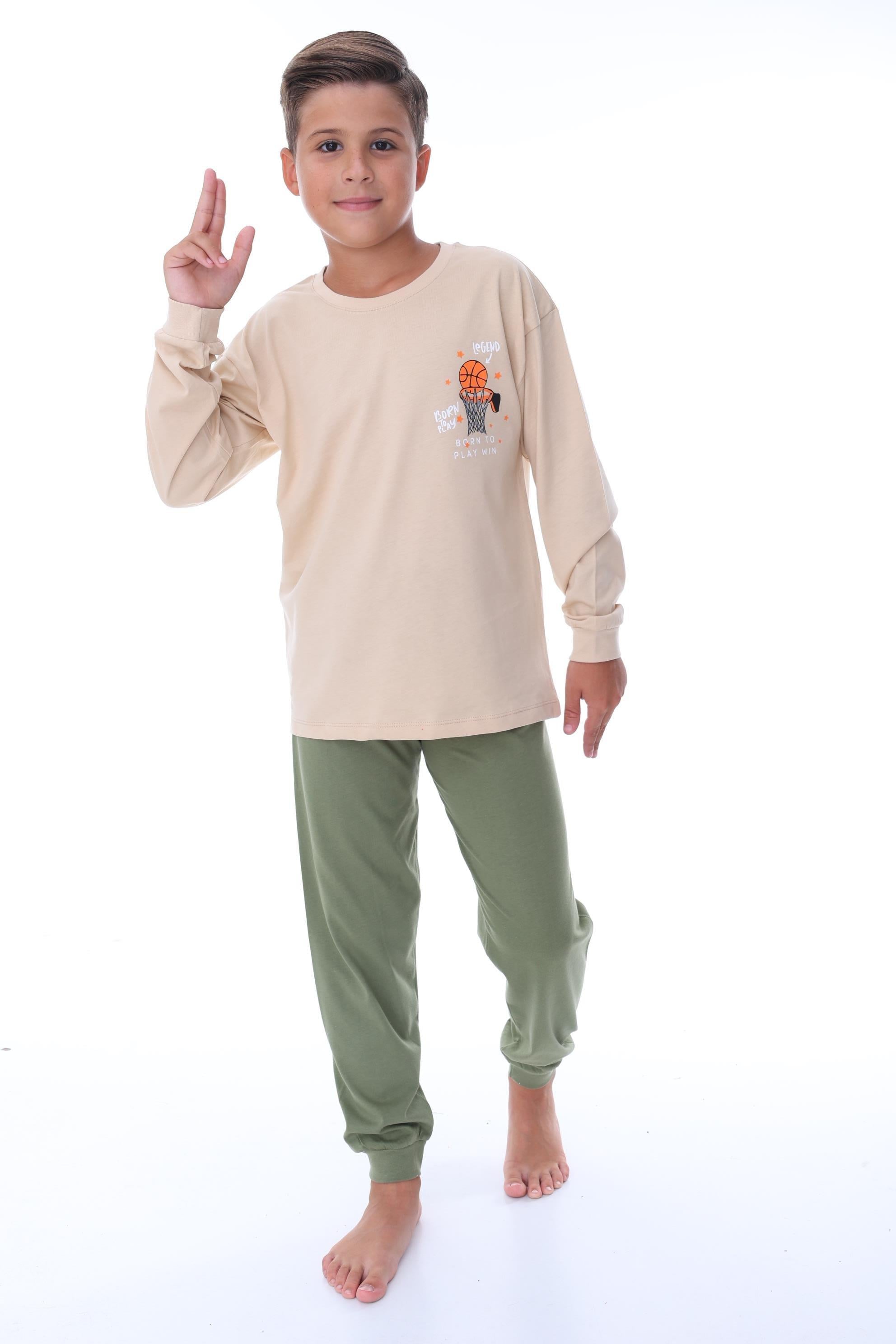 Erkek Çocuk 8-13 Yaş Top Baskılı  Pijama Takımı Yeşil Vizon PJ-36202