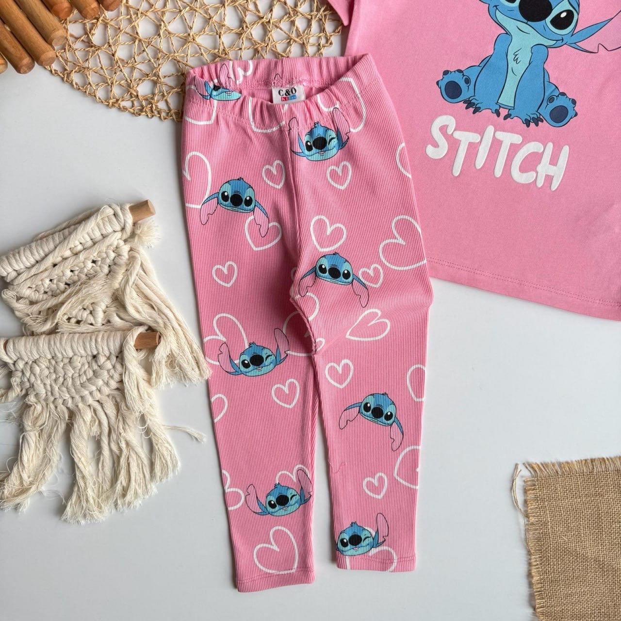 Kız Çocuk 2-8 Yaş 26026 Stitch Tayt Takım Pembe