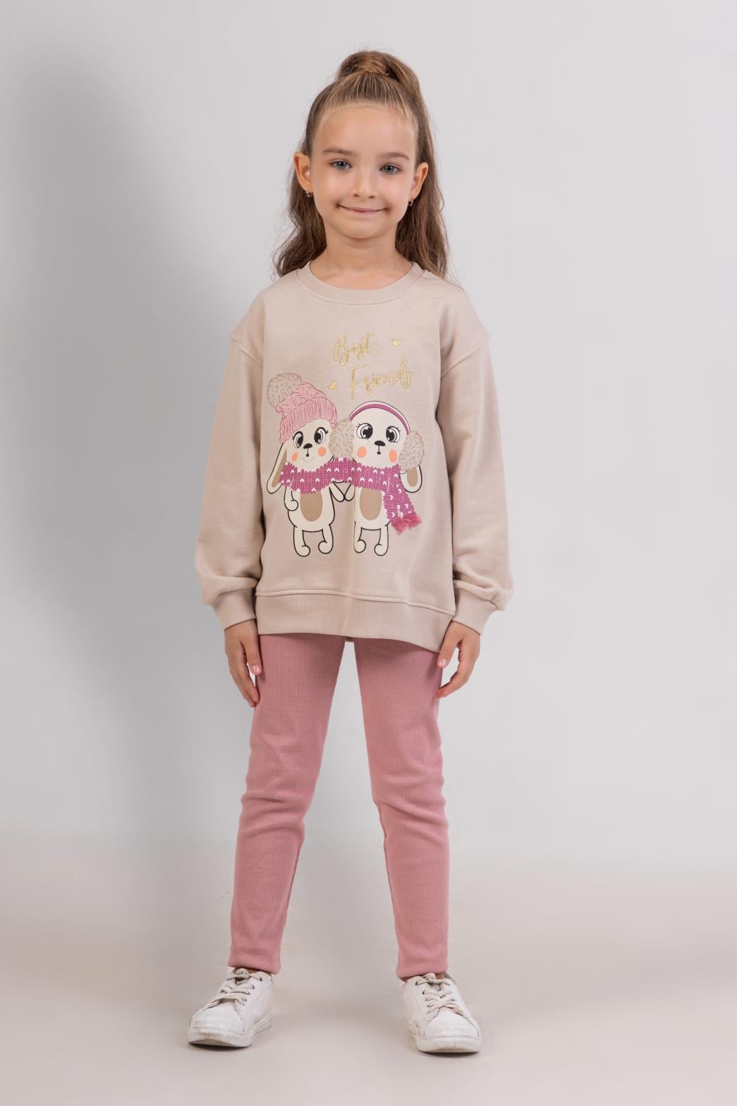 Kız Çocuk 3-8 Yaş  Best Friends Taytlı Takım Bej Pudra 9333 