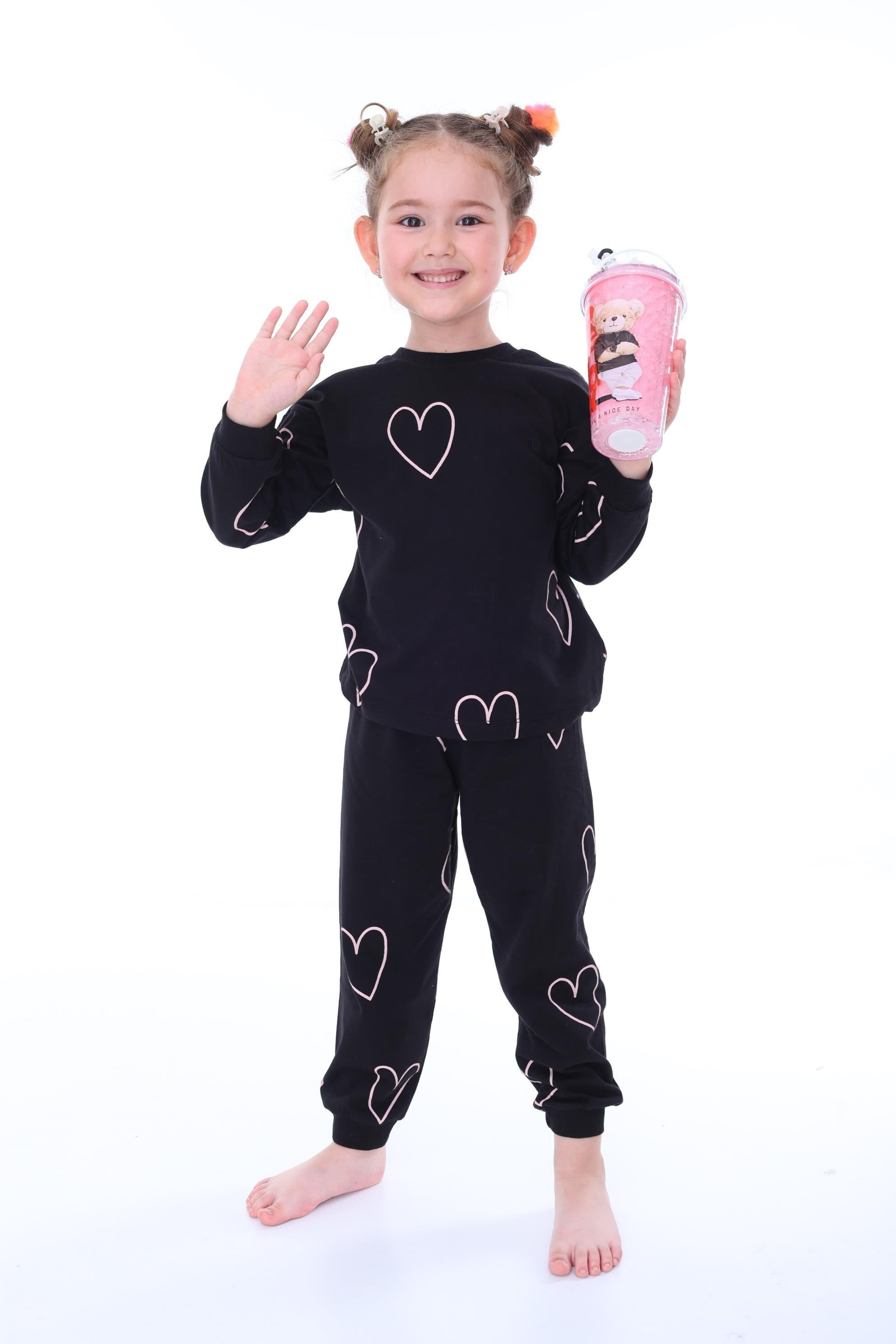 Kız Çocuk 3-8 Yaş Kalpli Pijama Takımı Siyah PJ-31208