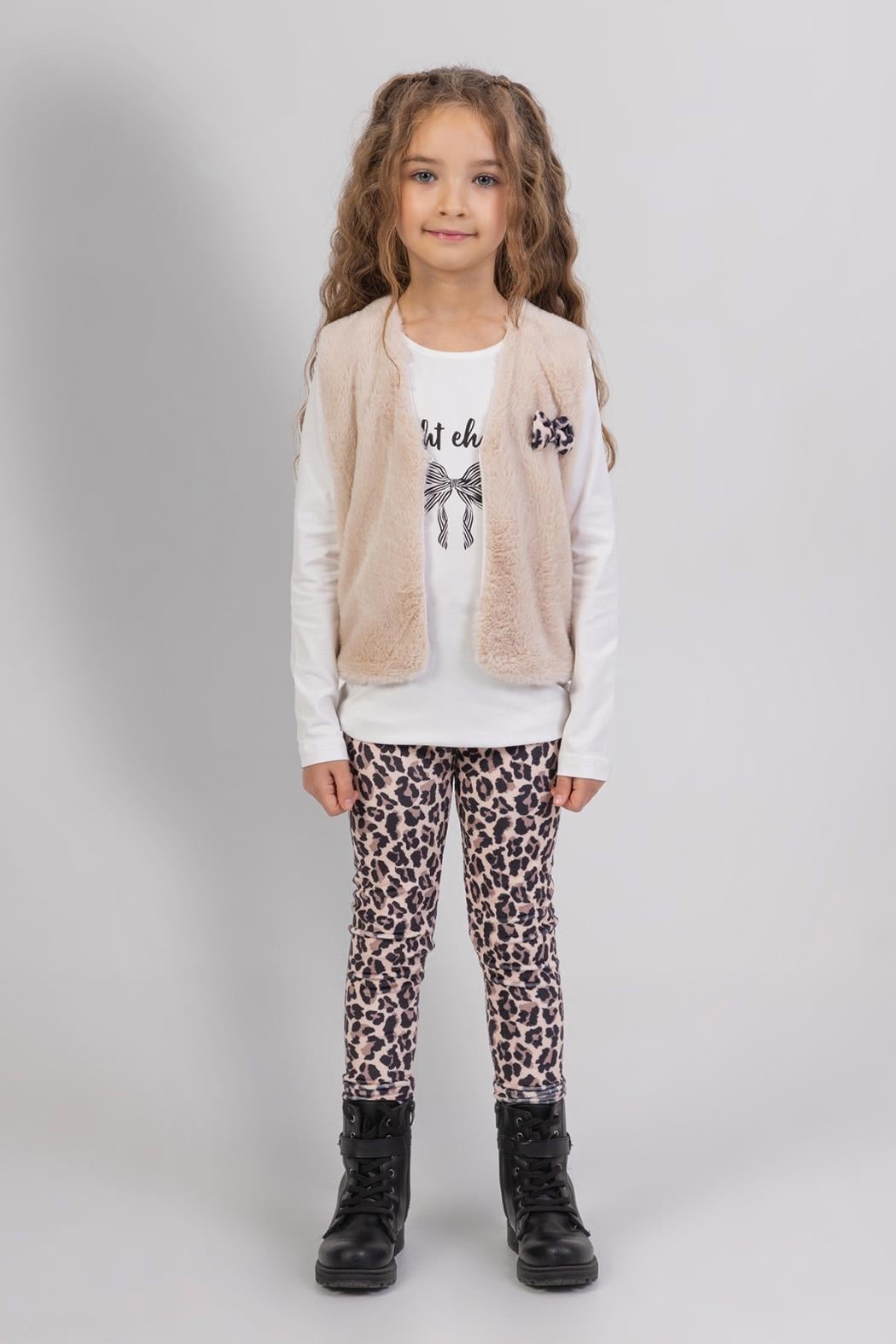Kız Çocuk 3-8 Yaş Peluş Yelekli  Leopar Kadife Taytlı Takım 9823 