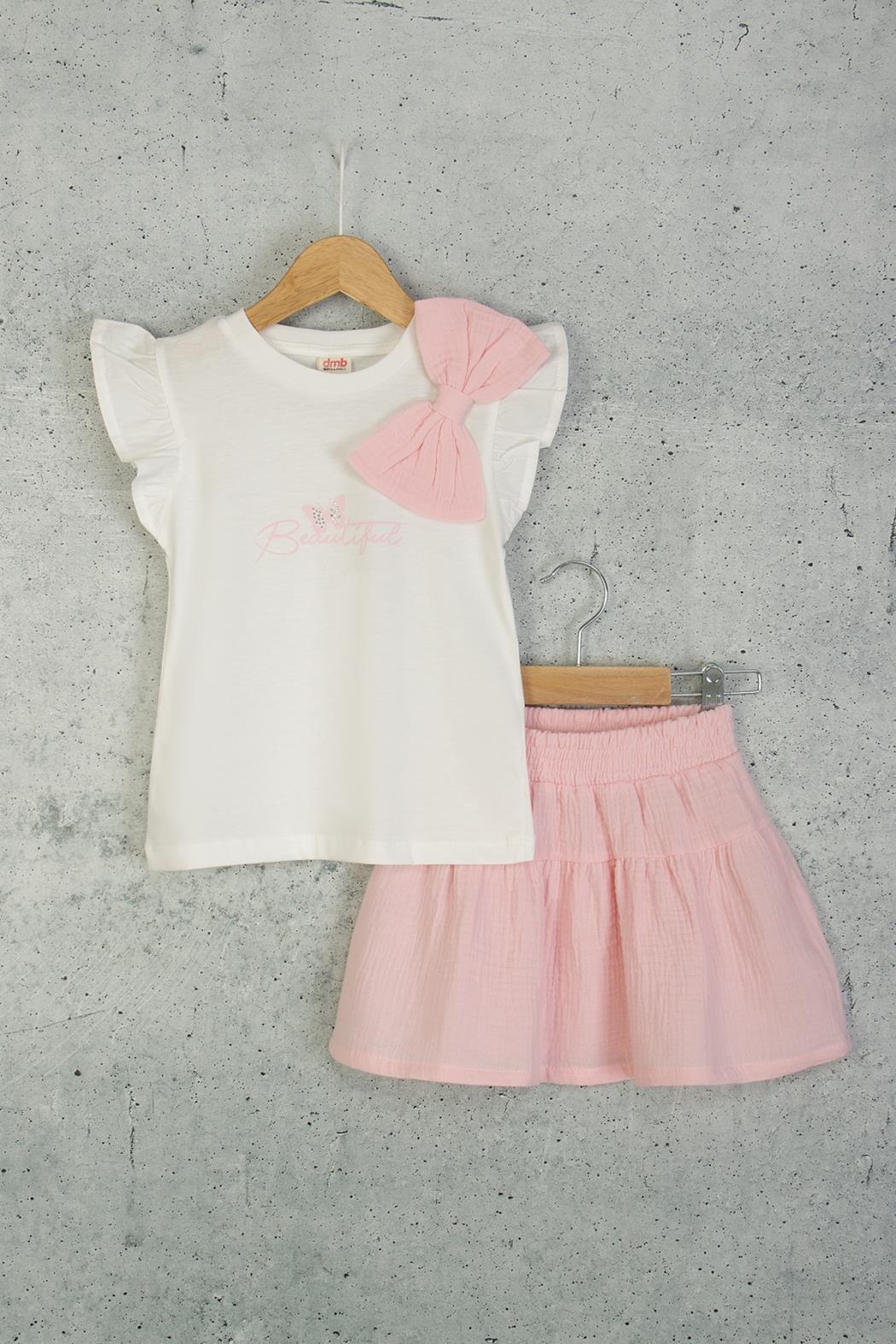 Kız Çocuk 4-9 Yaş Muslin etekli Takım Pembe 0486