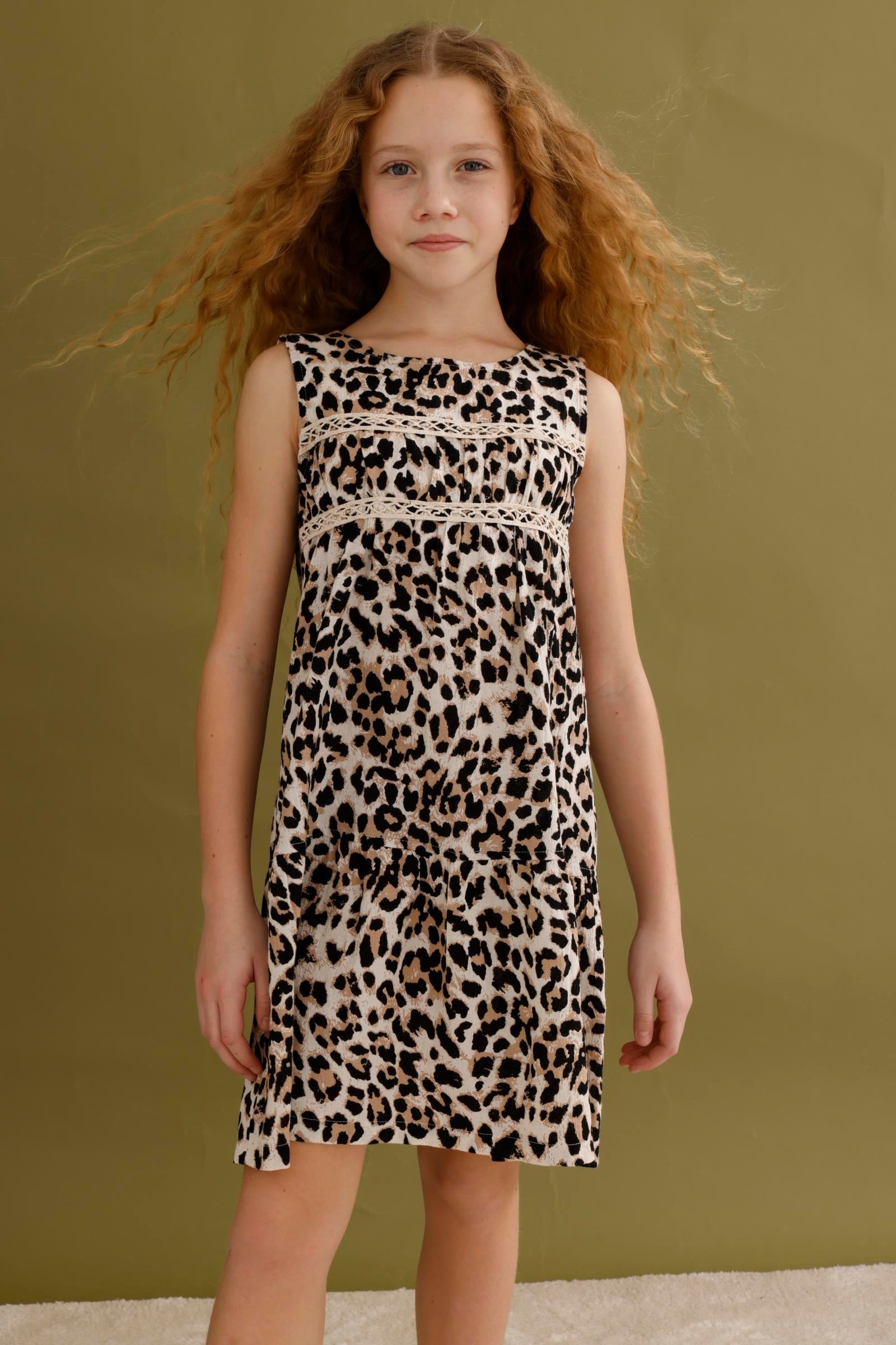 Kız Çocuk 8-14 Yaş Leopar Elbise J40030