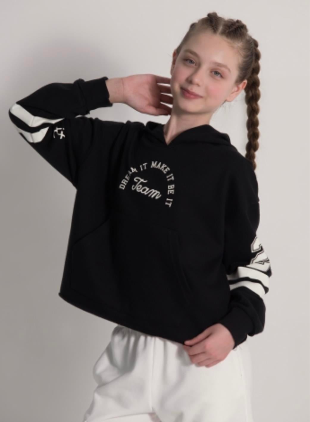 Kız Çocuk 9-14 Yaş Kapşonlu Sweat Siyah 9714