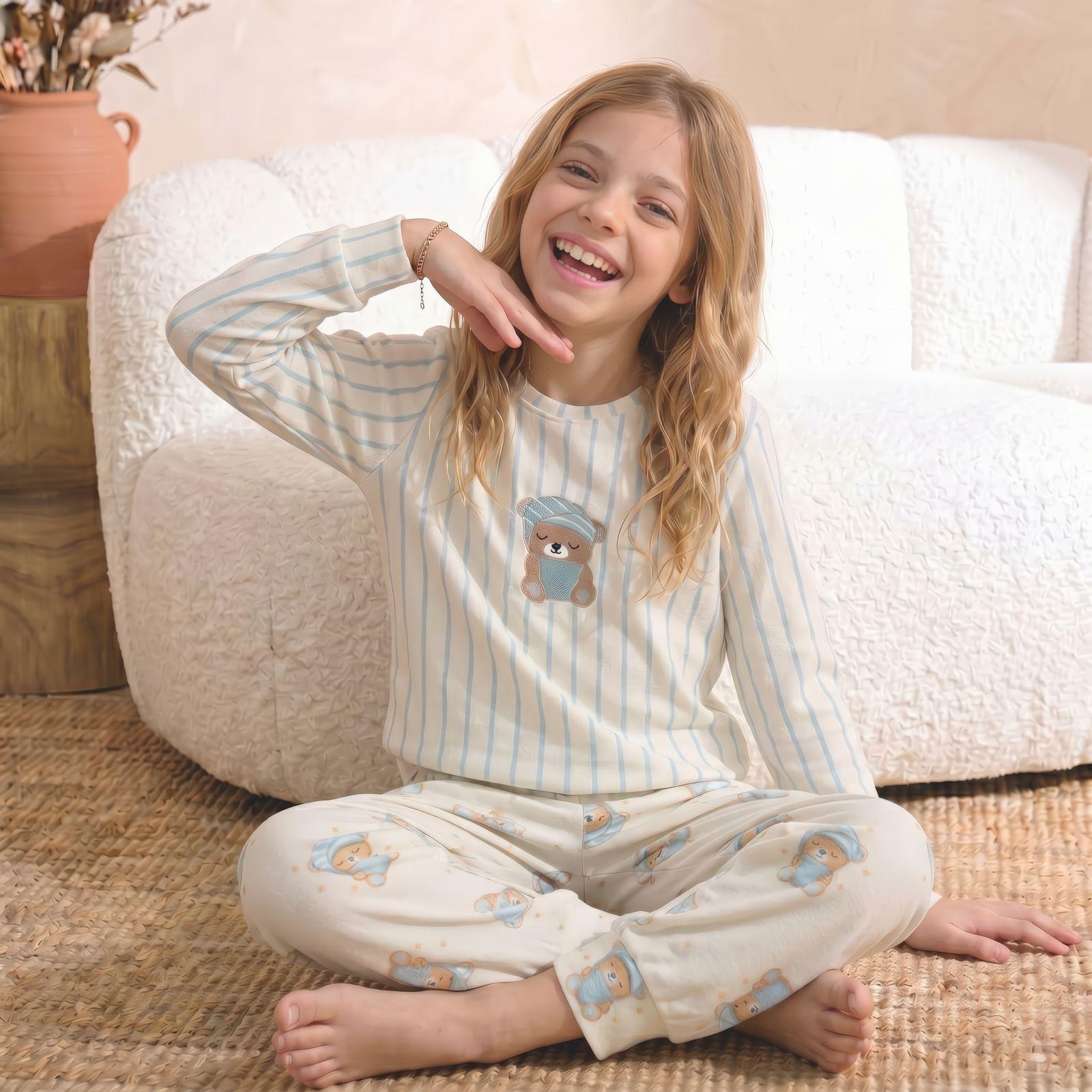 Kız Çocuk Pijama Takımı 5-12 Yaş 6778 Çizgili Ayıcıklı Mavi