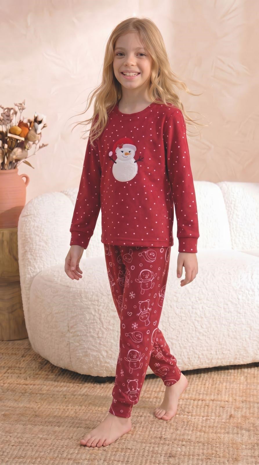 Kız Çocuk Pijama Takımı 6-12 Yaş 6777 Kardan Adamlı Bordo