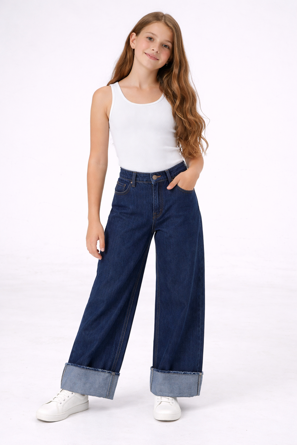 Cemix Kız  10-15 Yaş 2231 -3 Kıvrık Paça Kot Pantolon Lacivert