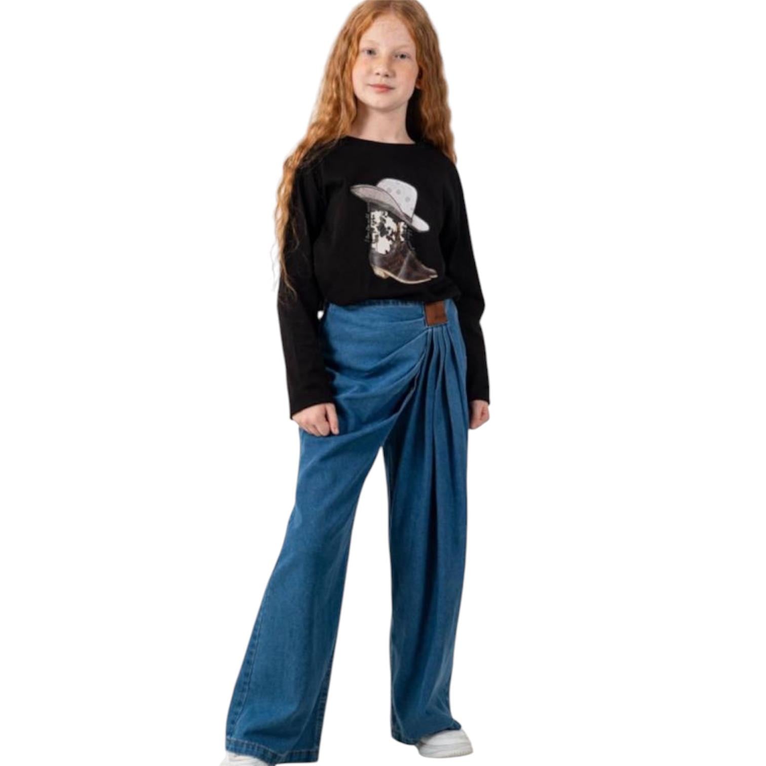 Cemix Kız 2237 - 3 Önden Pileli Denim Panolon Mavi
