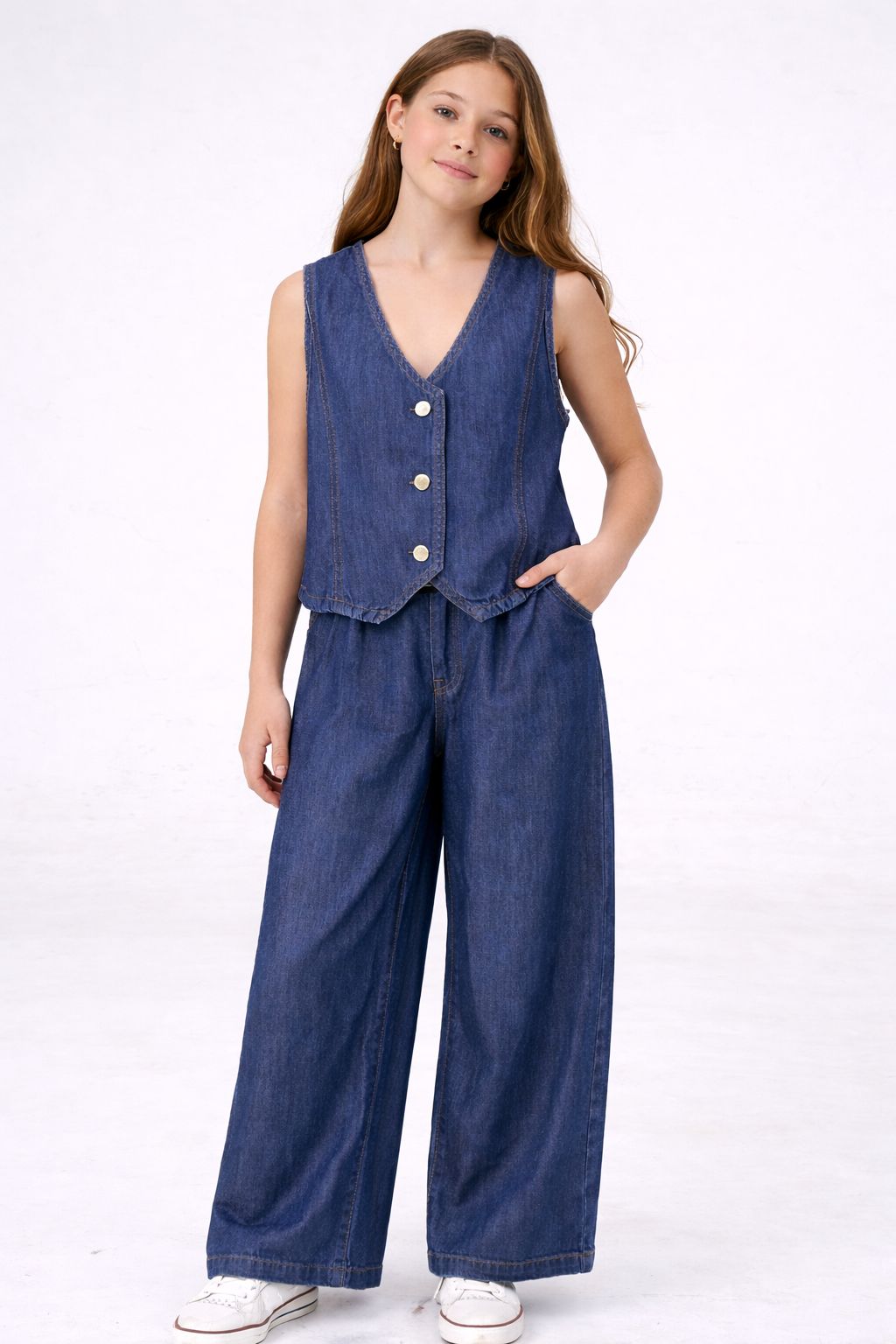 Cemix Kız 3301-3 Tensel Denim Yelek Palazzo Pantolon Takım