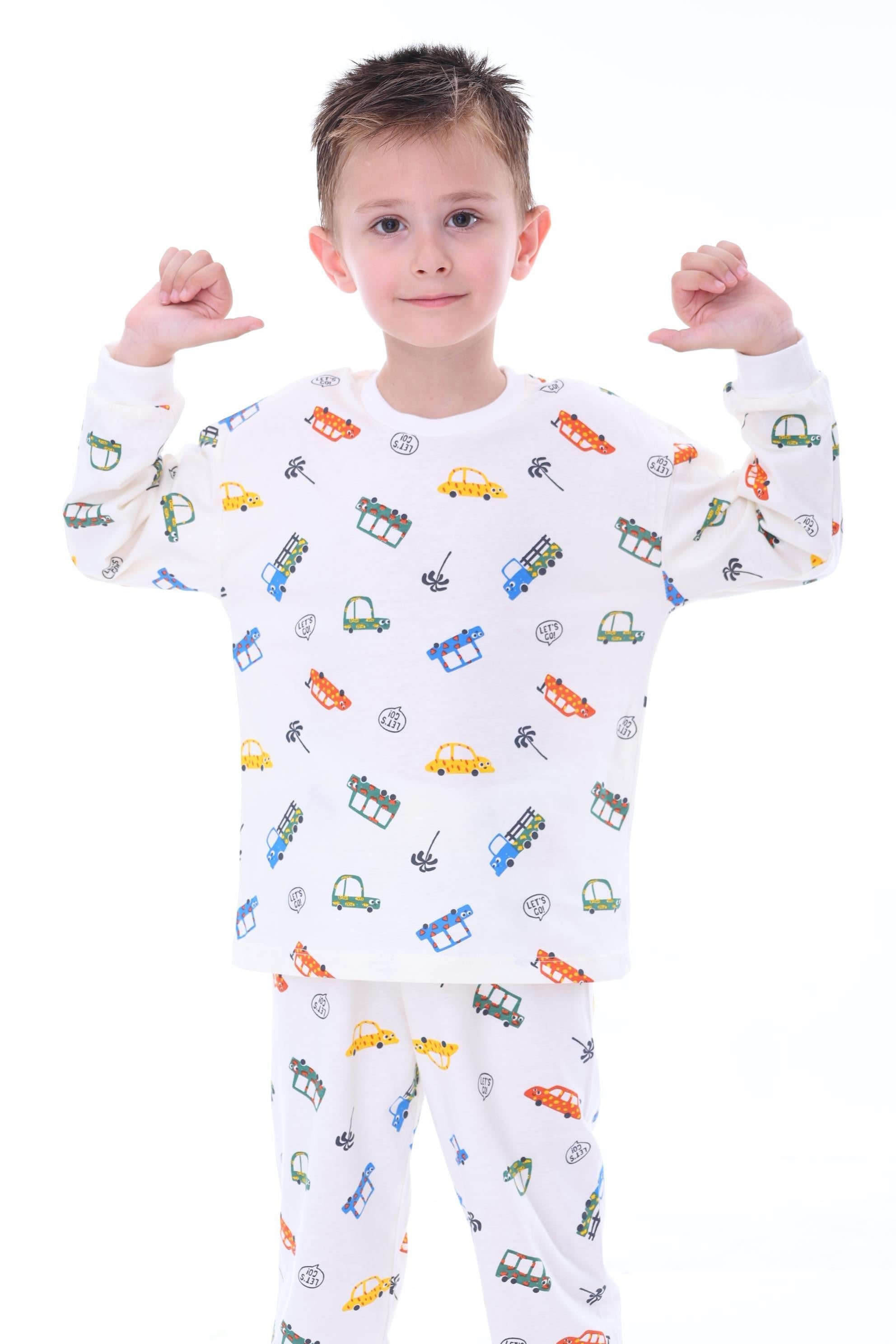 Erkek Çocuk 3-8 Yaş Arabalı Pijama Takımı Ekru PJ-32218