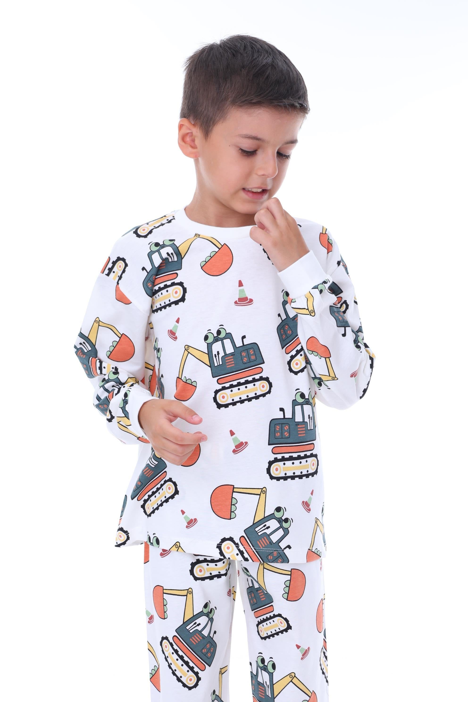 Erkek Çocuk 3-8 Yaş Kepçe Baskılı Pijama Takımı Ekru Turuncu PJ-32214