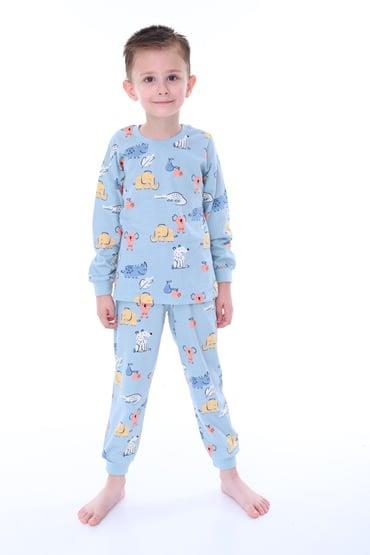Erkek Çocuk 3-8 YaşTimsah Fil Baskılı Pijama Takımı Mavi PJ-32221