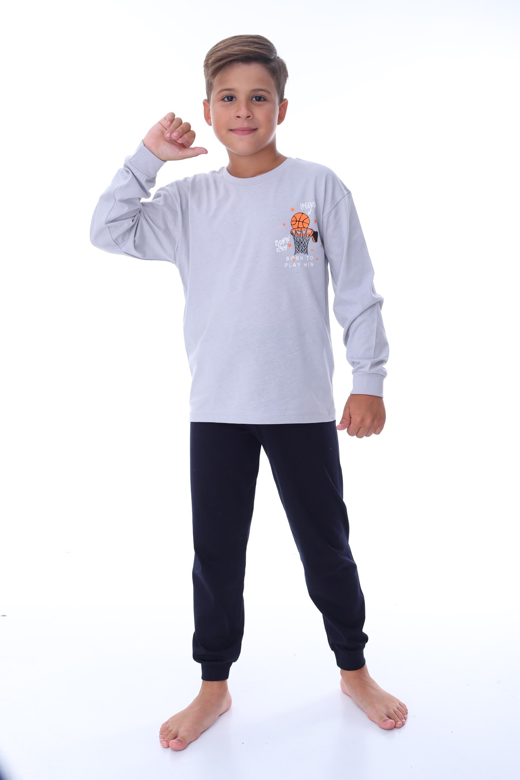Erkek Çocuk 8-13 Yaş Top Baskılı  Pijama Takımı Siyah Gri PJ-36202