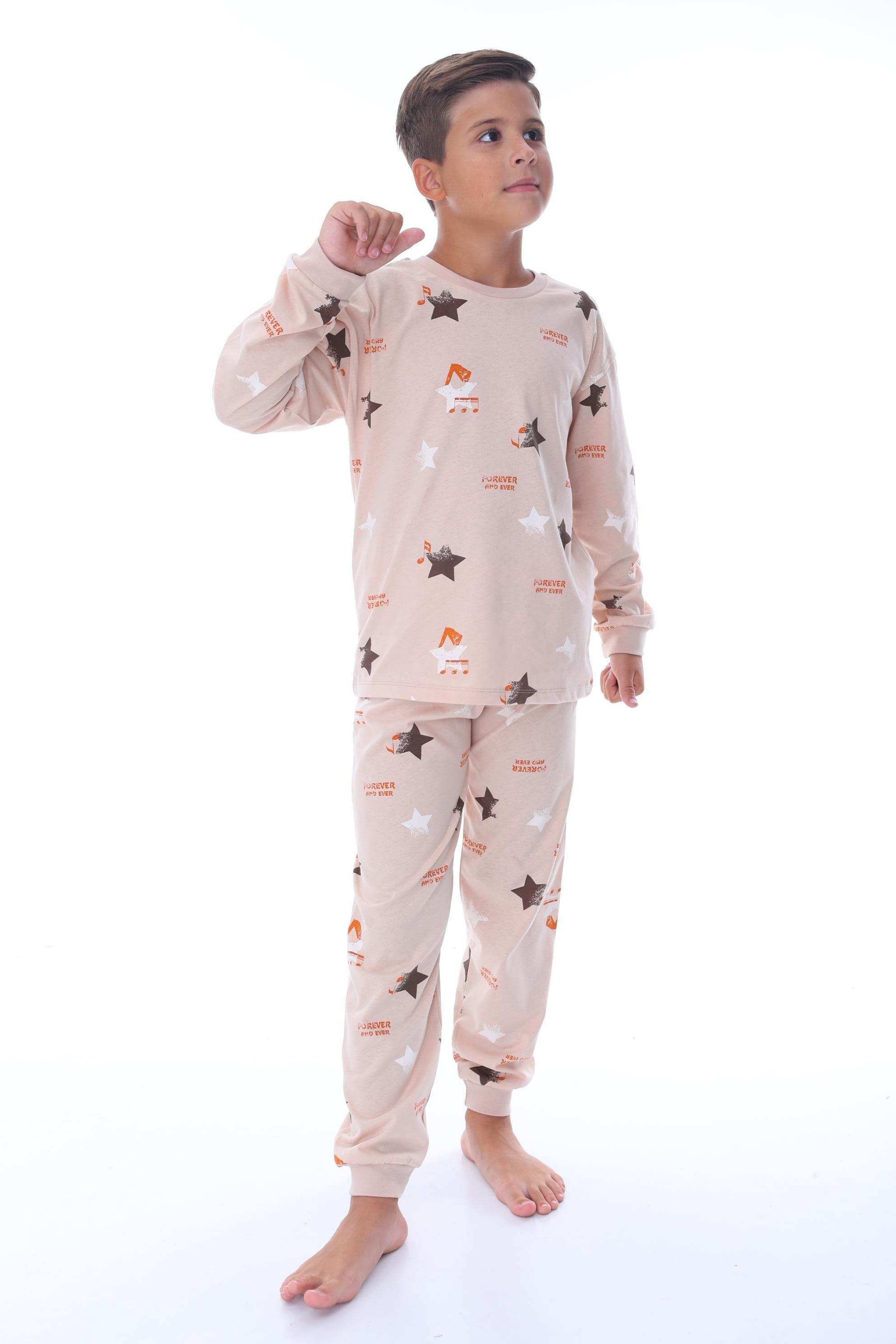 Erkek Çocuk 8-13 Yaş Yıldızlı  Pijama Takımı Bej PJ-36210