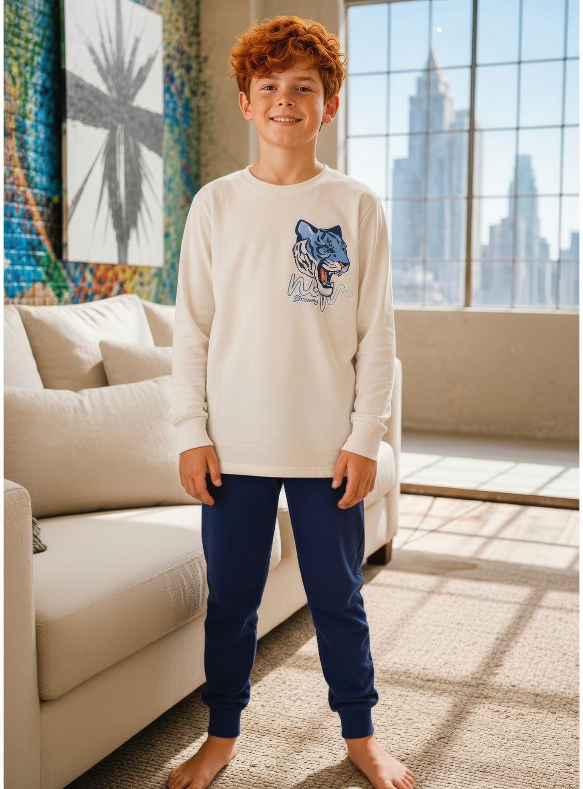 Erkek Çocuk Pijama Takım 10-16 Yaş Kaplanlı İnterlok 4405 Bej