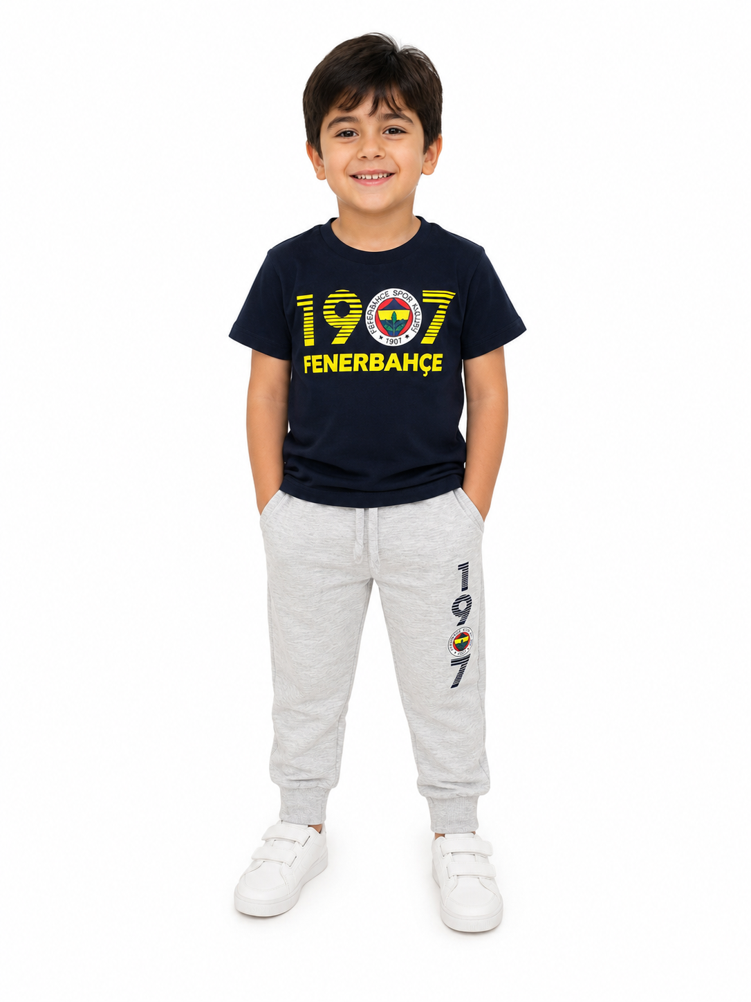 Fenerbahçe 3-14 Yaş 1907-1 Uzun Altlı Tişört Takım Gri Lacivert  Lisanslı