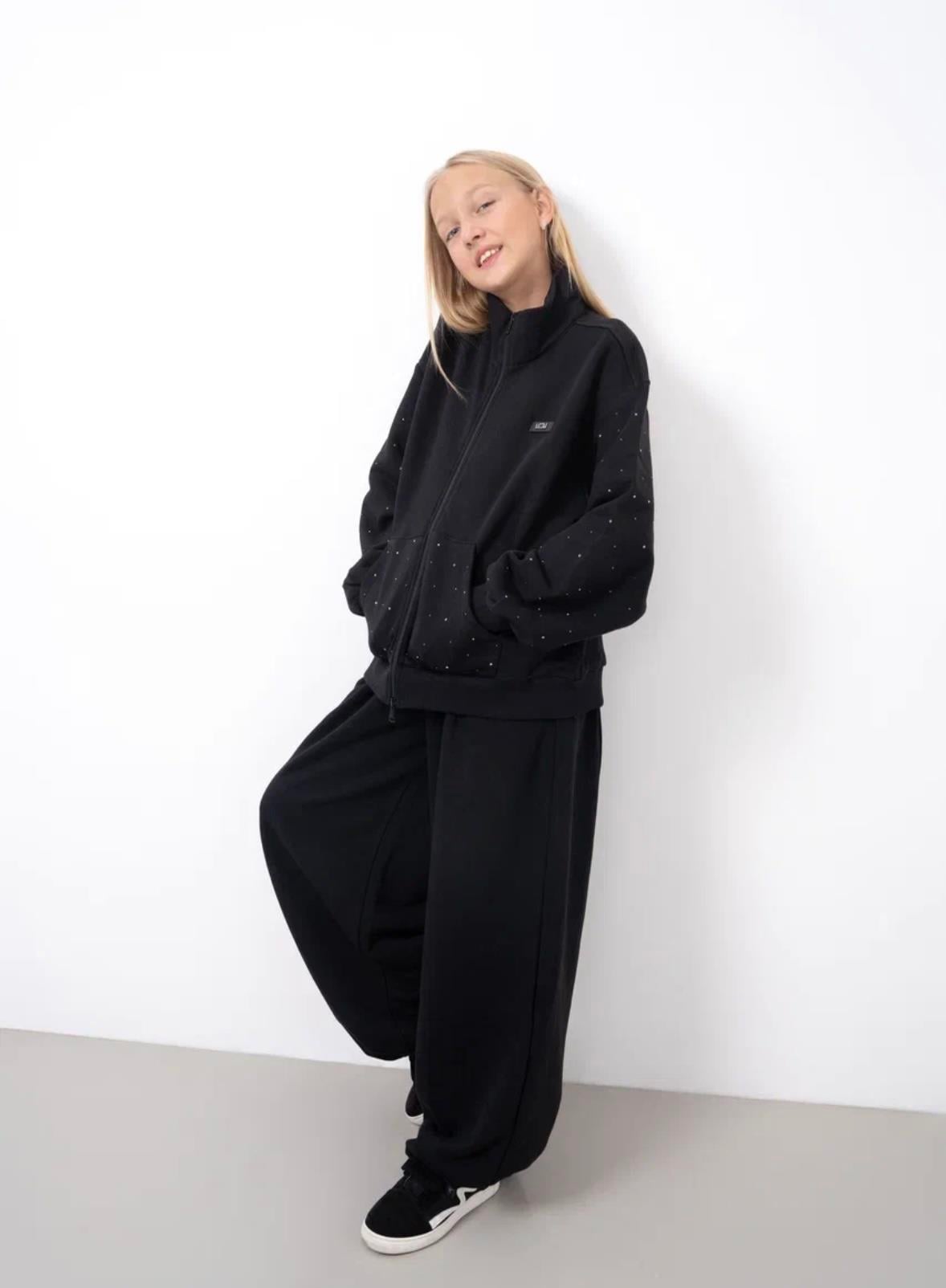 Kız 9-16 Yaş Fermuarlı Taşlı Sweat Siyah 7908 