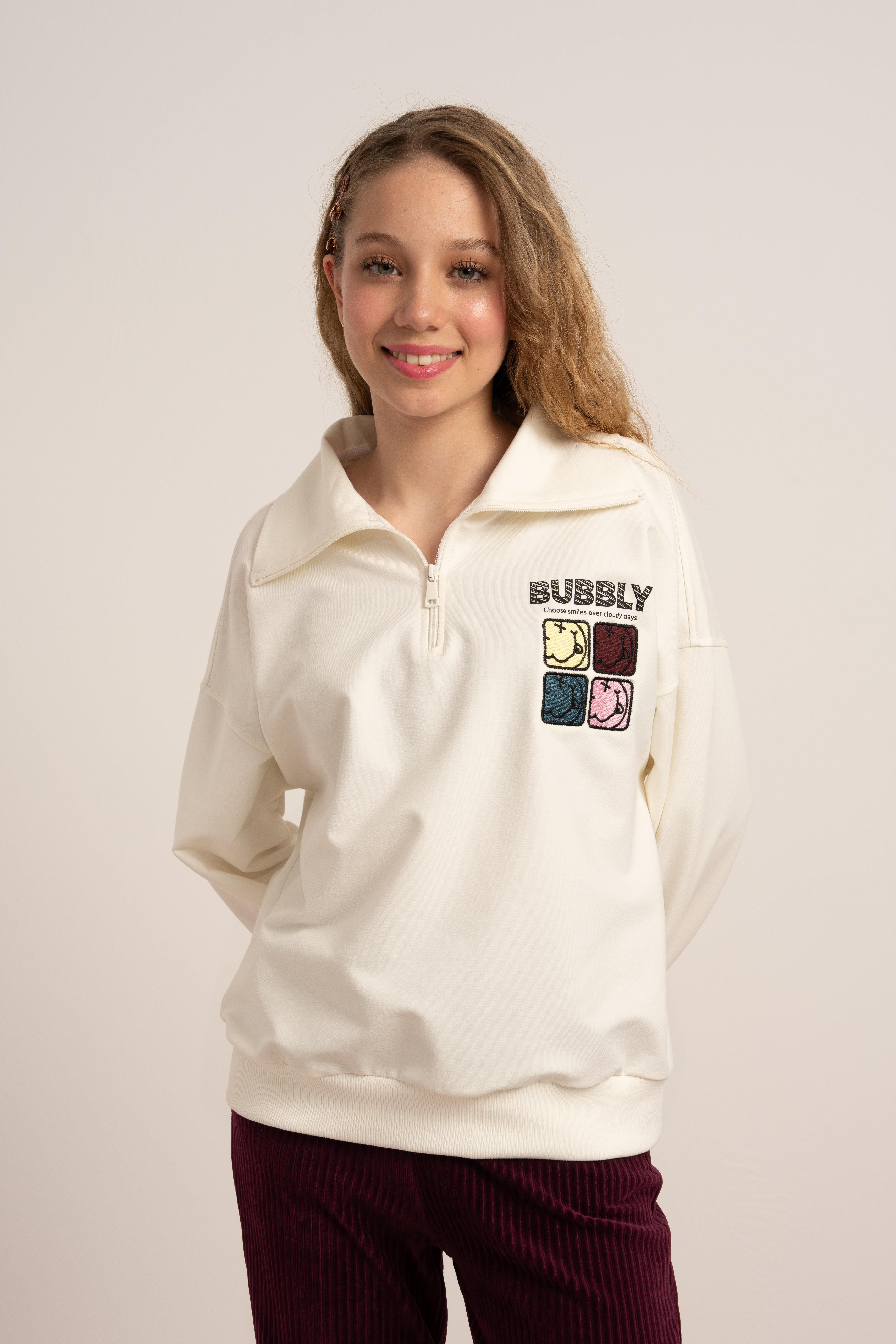 Kız 9-16 Yaş Yarım Fermuarlı Sweat Ekru 7867