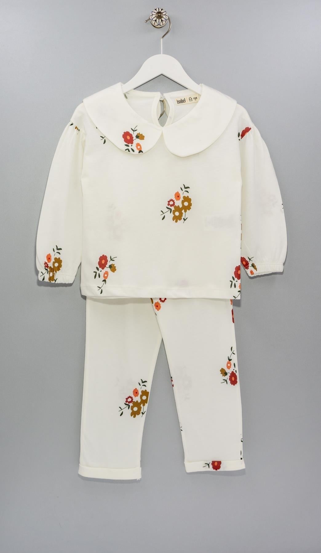 Kız Çocuk 3-12 Yaş Çiçekli Yakalı Pijama Takımı Ekru PJ-21253