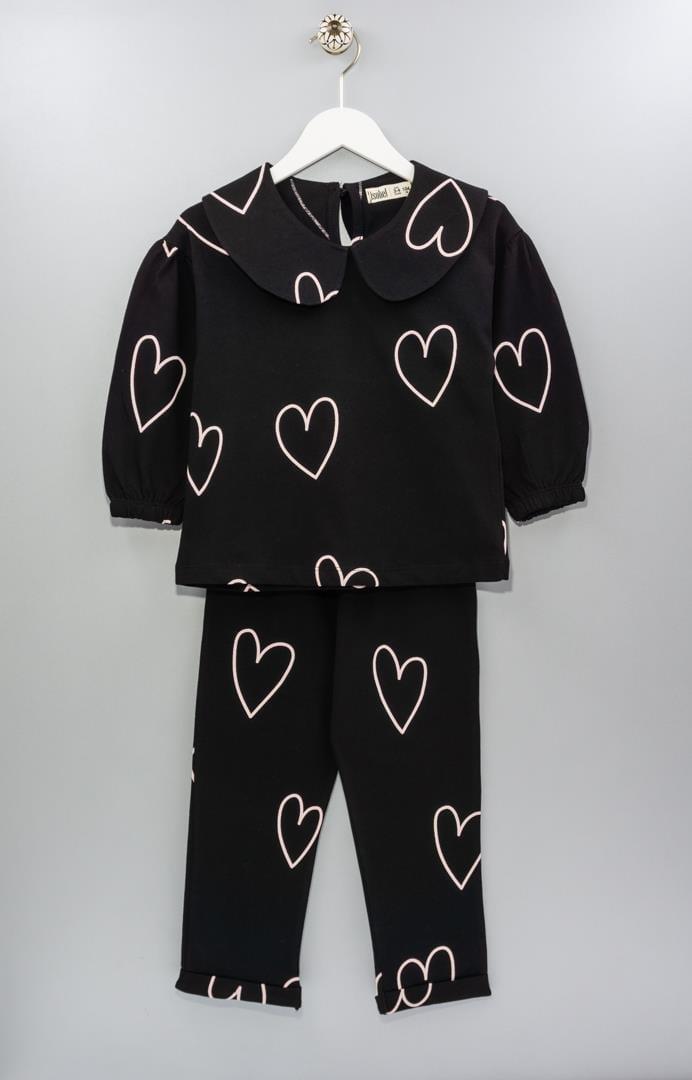 Kız Çocuk 3-12 Yaş Kalpli Bebe Yaka Pijama Takımı Siyah PJ-21253