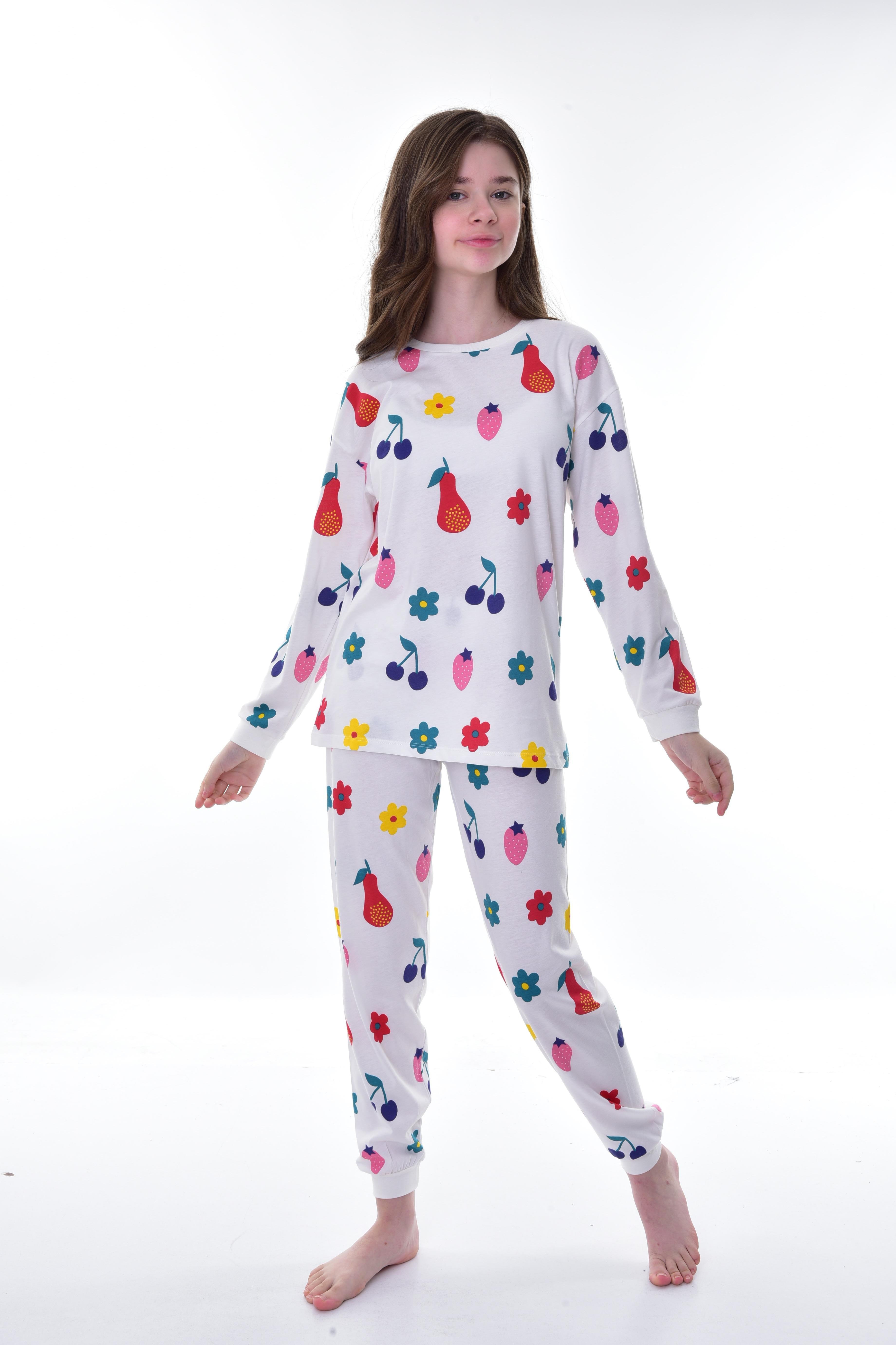Kız Çocuk 3-12 Yaş Meyveli Pijama Takımı Ekru PJ-21250